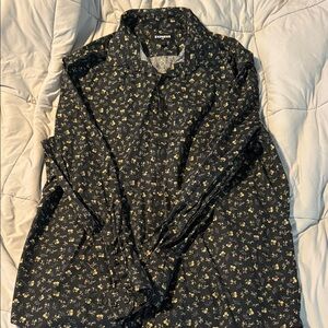 Express Men's Black and Yellow Floral Dress Shirt